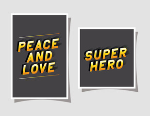 3d peace and love and super hero lettering on gray backgrounds design, typography retro and comic theme Vector illustration © Grgroup