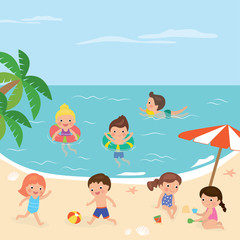 Obraz na płótnie Canvas Tropical beach,cartoon kids rest and relax. Nature landscape.