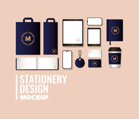 mockup set with dark blue branding of corporate identity and stationery design theme Vector illustration © Grgroup