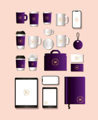 mockup set with dark purple branding of corporate identity and stationery design theme Vector illustration © Grgroup