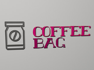 coffee bag icon and text on the wall, 3D illustration for background and cup