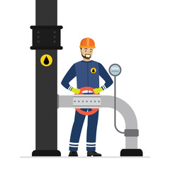 Happy oilman turns a pipeline valve. Oil industry and worker in special clothing and helmet. Engineer checks devices and meter.