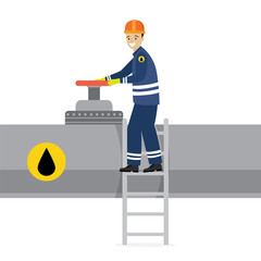 Happy oilman standing on ladder and turns big pipeline valve. Oil industry and worker or engineer in special clothing and helmet. Gas or oil pipe