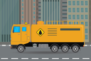 Naklejka premium Oil industry truck design. Cartoon petroleum tanker on city road, urban landscape on background. Side view. Truck with fuel tank.