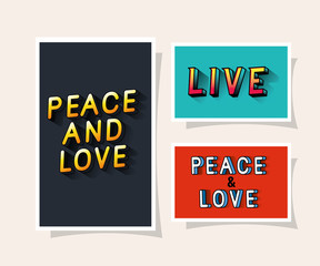 3d peace and love and live lettering on gray blue and red backgrounds design, typography retro and comic theme Vector illustration