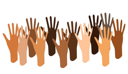 Black lives matter banner for protest.Support for equal rights of black people. Raised fists against Police Brutality.Flat vector illustration of people with different skin colors raising their hands.