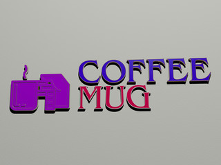3D illustration of coffee mug graphics and text made by metallic dice letters for the related meanings of the concept and presentations for background and cup