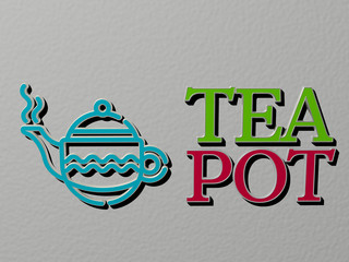 3D graphical image of tea pot vertically along with text built by metallic cubic letters from the top perspective, excellent for the concept presentation and slideshows for background and cup