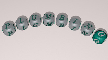 plumbing curved text of cubic dice letters, 3D illustration for water and construction