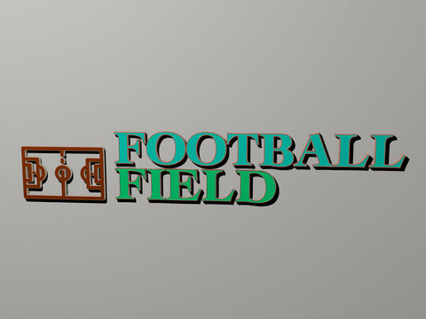 3D representation of football field with icon on the wall and text arranged by metallic cubic letters on a mirror floor for concept meaning and slideshow presentation for illustration and soccer