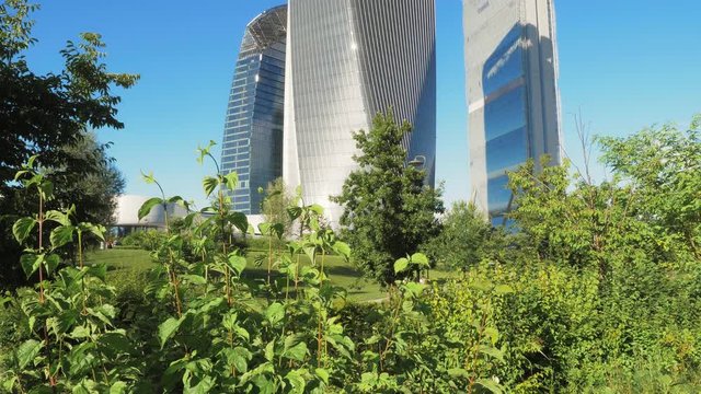 modern skyscrapers in a park in Milan. a vertical movement of the camera that starts from the dense and green vegetation of a city park, reveals the skyscrapers and the blue sky in the background