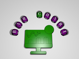 BAR CHART icon surrounded by the text of individual letters, 3D illustration for background and alcohol