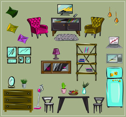 Furniture, design. Set. Isolated vector objects. Fridge, table, chairs, armchair, bedside table, picture, shelf, laptop, TV, microwave, dresser, flower pot, fruit plate, mirror. Kitchen. Living room.