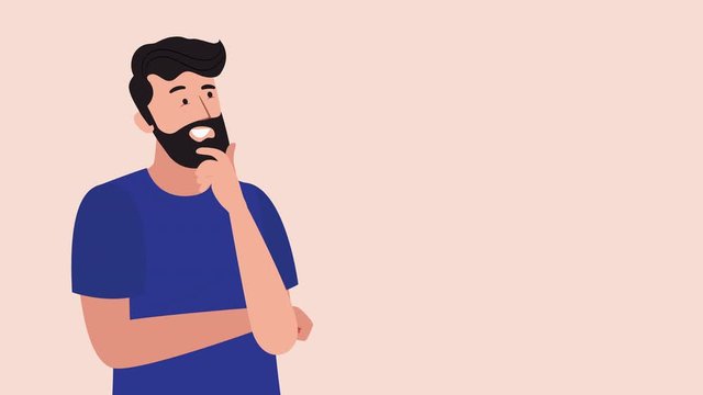 Graphics motion 4k footage of young adult man thinking, feeling doubtful and confused animation video