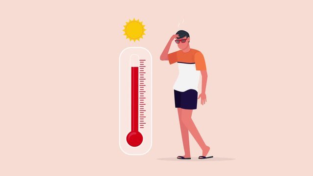 The guy is standing on the beach near the thermometer, he is very hot motion footage. 4k video animation