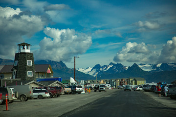 Homer, Alaska;  The main street of Homer, Alaska where it dead ends in Kachemac Bay