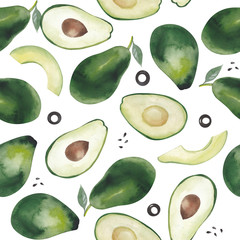 Watercolor pattern with avocado and olive rings on a white background.