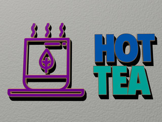3D illustration of hot tea graphics and text made by metallic dice letters for the related meanings of the concept and presentations for background and coffee