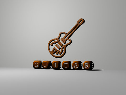 3D graphical image of guitar vertically along with text built by metallic cubic letters from the top perspective, excellent for the concept presentation and slideshows for illustration and background