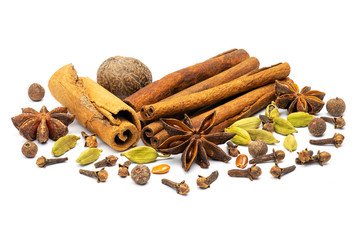 Traditional Christmas spices (cinnamon sticks, star anise, cloves, allspice, nutmeg and cardamom) isolated on white background. Full depth of field.