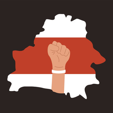 Silhouette of Belarus map. Red and white protesters flag. Fist raised up with white bracelet on wrist. Protests in Belarus after election results 2020. Vector illustration on black background.