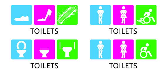 Wc world toilet day. Bathroom or restroom icons. Funny vector pissing signs. For handicap people, woman, man or gender to peeing pictogram. Human handicap toilets seat   with wheelchair logo. 