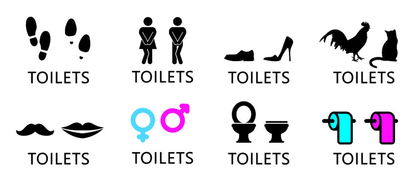 Wc world toilet day. Bathroom or restroom icons. Funny vector pissing signs. For handicap people, woman, man or gender to peeing pictogram. Human handicap toilets seat   with wheelchair logo. 