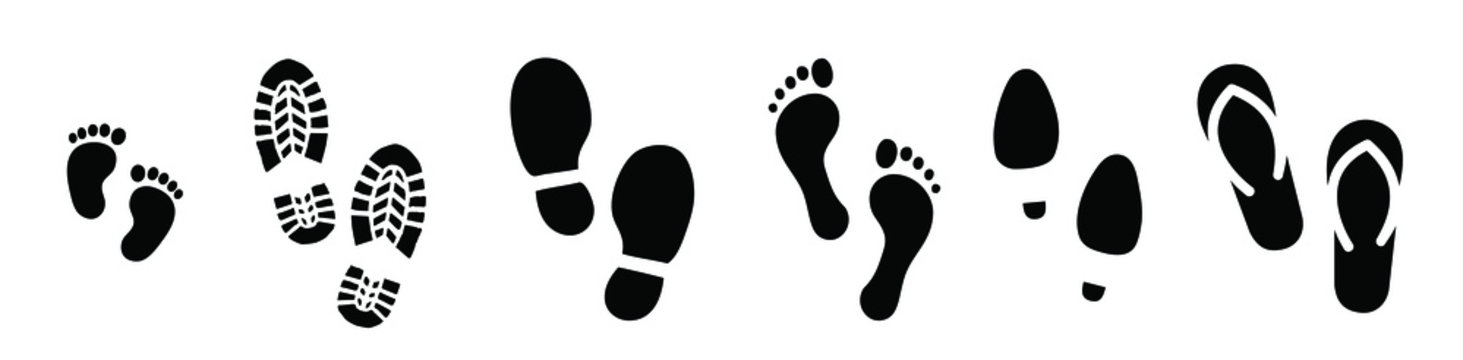 Human bare walk footprints shoes and shoe sole Kids feet and foot steps Fun vector baby footsteps icon or sign for print Kid step for trail Walking footstep and footprint for trekking or follow route