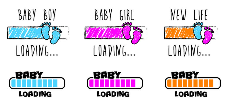 Slogan baby is loading with download bar, please wait. New born coming soon, happy family for papa and mama. Drawing cartoon vector infant quotes sign. Mother is pregnant New life for grandma, grandpa