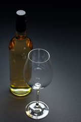 Bottle of white wine and an empty glass.