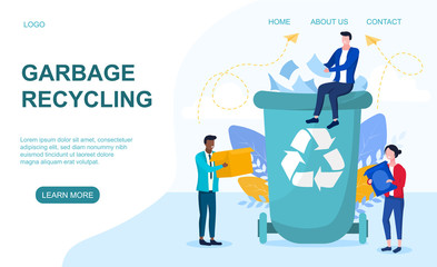 Concept of garbage recycling. Vector illustration of people recycle paper and other waste