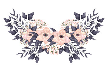 light pink flowers with buds and leaves painting design, natural floral nature plant ornament garden decoration and botany theme Vector illustration