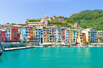 Plakat Porto Venere (Italy) - The town on the sea also know as Portovenere, in the Ligurian coast, province of La Spezia, after lockdown Covid-19; with Cinque Terre designated by UNESCO World Heritage Site