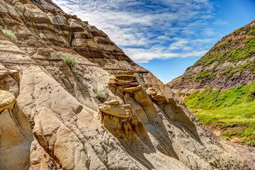Landscapes and terrain around the hoodoos rock formations outside of Drumheller Alberta