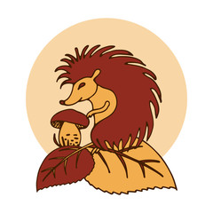 Hedgehog and mushroom and leaves. Children autumn illustration. Graphic element for design. Isolated on white background.