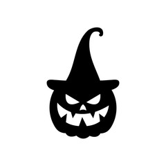 halloween pumpkin with witch hat over white background, silhouette style