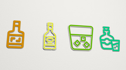 WHISKEY 4 icons set, 3D illustration for alcohol and glass