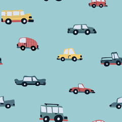 Cars seamless pattern design hand-drawn childish style - fabric, wrapping, textile, wallpaper, apparel design for kids.