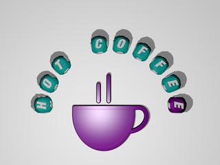 HOT COFFEE icon surrounded by the text of individual letters, 3D illustration for background and cup