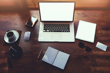 Mock up of business person desktop with luxury accessories and distance work tools, laptop computer and digital tablet with blank copy space for text message or information content, start up concept