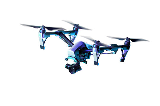 Realistic Drone Quadcopter With Camera Isolated On Bright Background. Modern Videography. 3d rendering
