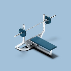 White And Blue Gym Barbell Bench Press On Blue Background. Sport, Fitness, Healthy Lifestyle and Bodybuilding. Minimalism Concept. 3d Rendering