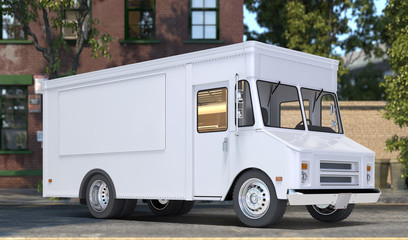 White Realistic Food Truck With Closed Window. Modern Cityscape. Takeaway Food And Drinks. Mock Up. Copy Space, Empty Space. 3d rendering.