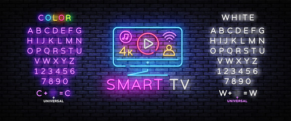 Smart TV neon sign vector design template. Smart TV Monitor neon design, light banner, design element, night bright advertising, bright sign. Vector illustration. Editing text neon sign