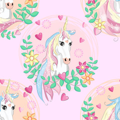 seamless pattern with cute unicorns, clouds,rainbow and stars. Magic background with little unicorns.