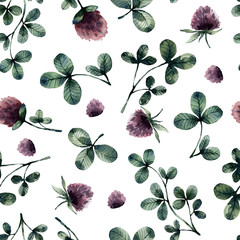 clover watercolor green herbal organic nature floral seamless pattern illustration, hand drawing