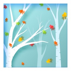 Autumn season in the forest in paper art style. In autumn, white trees and color leaves are cut out of paper. Landscape leaf fall, blue sky. Vector 3d illustration cut out of cardboard