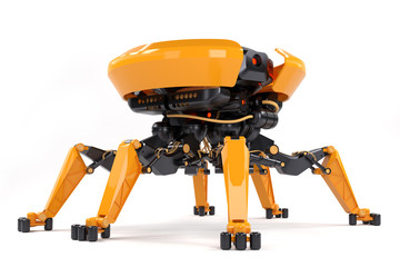 Concept of robot helper or bot with mechanical arms on white background.