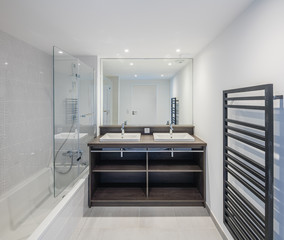 Modern bathroom interior design wood and stone