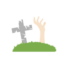 halloween cross grave and hand out of ground, flat style